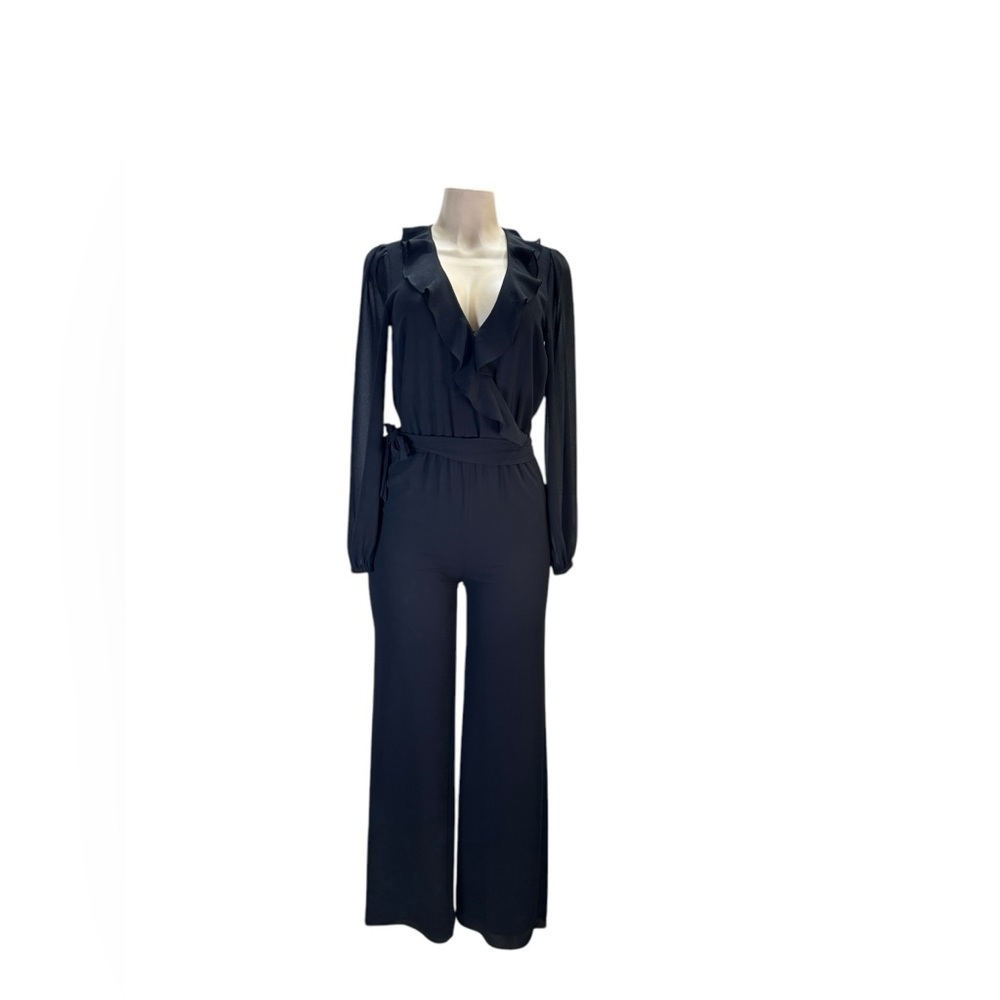 MICHAEL Michael Kors .Black Jumpsuit with Wrap V-Neck and Flowing Wide-Leg Pants - Picture 4 of 11